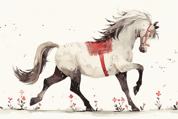 graceful horse with flowing mane trots through field of flowers, showcasing its beauty and elegance