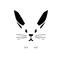 Stylized, minimalist illustration of a rabbit's face, with black ears, eyes, nose, and whiskers.