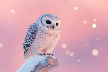 Owl perched on snowy branch with pastel sunset background