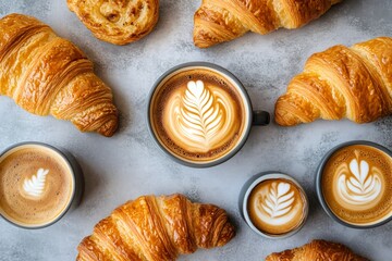Fototapeta premium Freshly baked croissants and aromatic coffee creating a tempting breakfast spread
