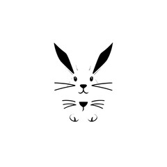 Minimalist White Background, Black and White Illustration of a Rabbit with Black Ears, Whiskers, and Tiny Feet.