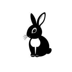 Black and white silhouette of a bunny sitting, with a white background.