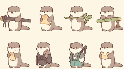 Fototapeta premium Cute otters holding various objects in playful poses, showcasing their charm and personality