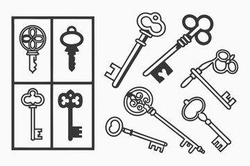  Black and white illustration, key icons, vintage keys, modern keys, skeleton keys, key bunches, simple line drawings, silhouettes, security symbols, access metaphors, locksmith designs, minimalist 