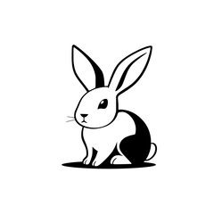 Minimalist cartoon rabbit sitting; black and white, with a clean aesthetic.