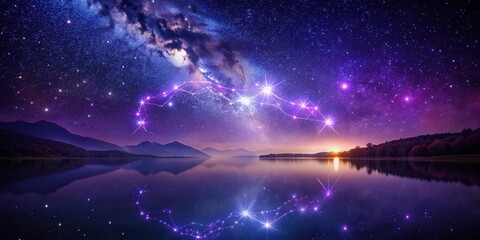 Fototapeta premium A glowing Scorpio constellation in the night sky with a vibrant purple hue is reflected on a calm lake's surface creating a surreal scene , purple hues, night sky