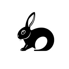 Black silhouette of a rabbit, rabbit facing left, black and white minimalism.