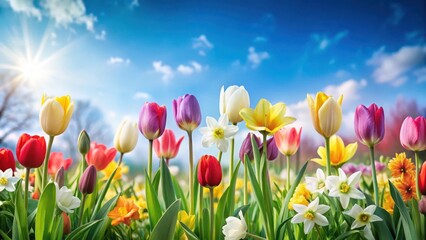 Vibrant spring border featuring colorful tulips and daffodils against a soft blue sky with gentle green foliage and delicate white blossoms, daffodils, green foliage