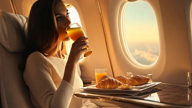 Elegant woman enjoying breakfast with croissants and orange juice while flying in a private jet, gazing out at a scenic sunrise through the window.