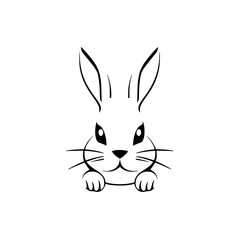 Black-and-White Bunny: Minimalist Line Drawing of a Rabbit with Large Ears, Whiskers, and Paws, in a Clean White Background.