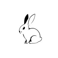 Minimalist illustration of a rabbit, black ink silhouette against a white background.