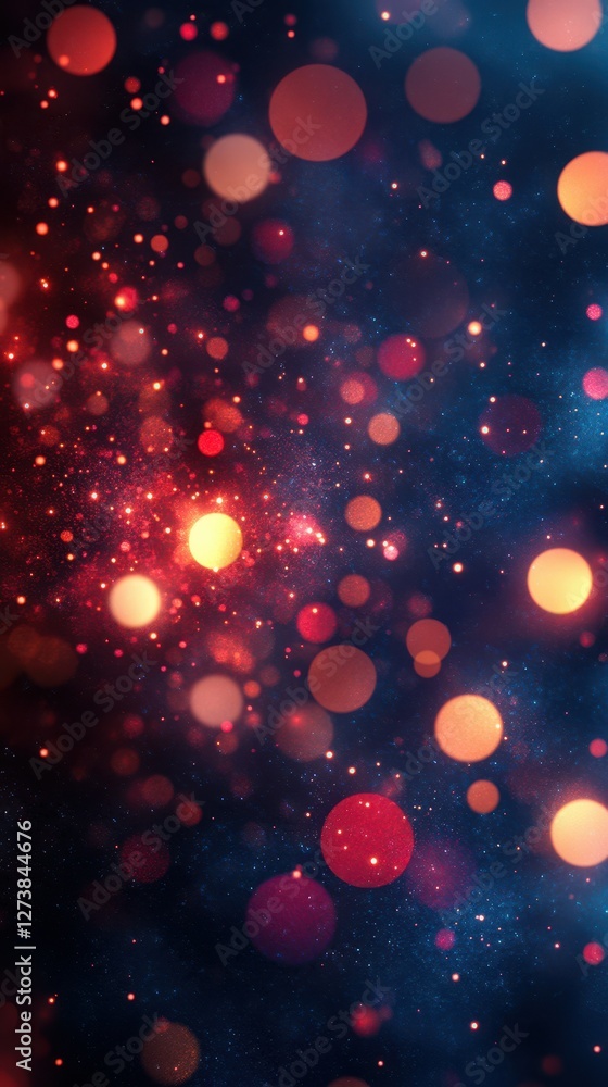 Poster colorful abstract bokeh background with glowing orbs in shades of red, orange, and blue creating a c