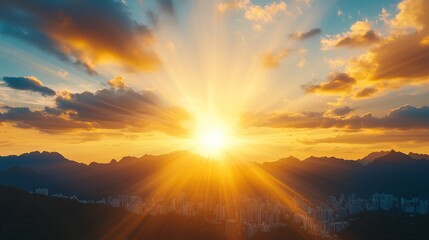 Obraz premium Career profession balance. A breathtaking sunrise illuminates the sky with vibrant hues, casting rays of light over mountains and a landscape below.