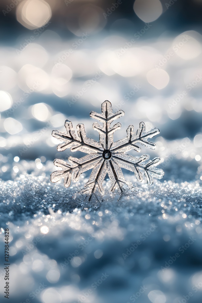 Poster captivating snowflake macro on sparkling snow a winter wonderland scene with bokeh background