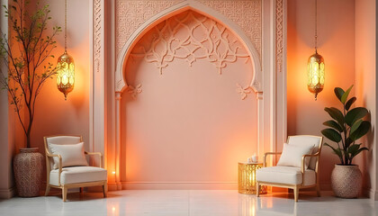 A luxurious Eid Mubarak background with intricate Islamic patterns, hanging lanterns, and a soft pastel color scheme
