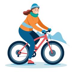 Naklejka premium A woman rides a mountain bike equipped with fat tires, navigating through a snowy winter landscape. She wears warm clothing, showcasing her enjoyment of the outdoor adventure