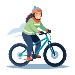 Fototapeta premium A woman enthusiastically rides a mountain bike equipped with fat tires through a winter landscape. She is dressed warmly, ready to embrace the cold and explore the snowy terrain
