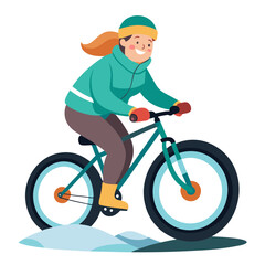 Fototapeta premium A woman enjoys riding her mountain bike equipped with fat tires, navigating through snowy terrain in a winter landscape. The cold weather adds to the adventure