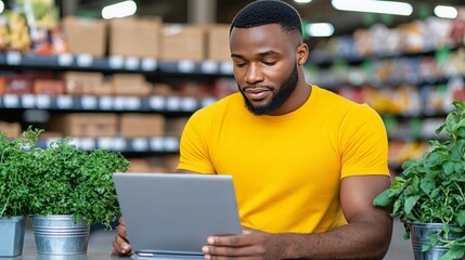 Fototapeta premium Career profession balance. A man in a yellow shirt uses a tablet surrounded by greenery in a market, showcasing a blend of technology and nature.