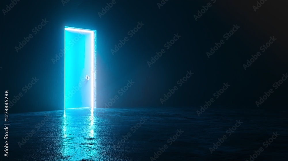 Poster a single glowing doorway in a dark, empty space