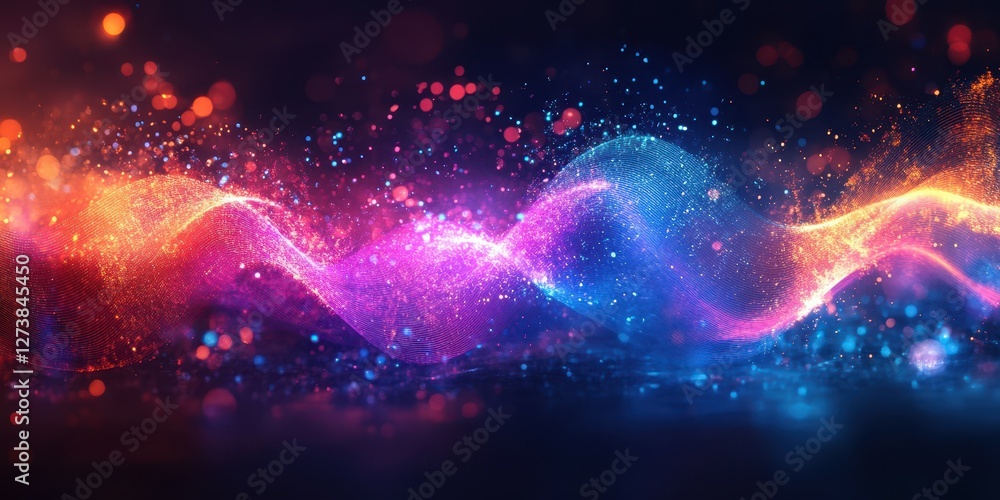Poster vibrant abstract wave of colorful lights and particles creating a dynamic visual effect at night
