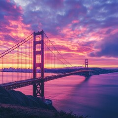 Naklejka premium Vibrant sunrise over iconic bridge, city skyline backdrop. Travel photography