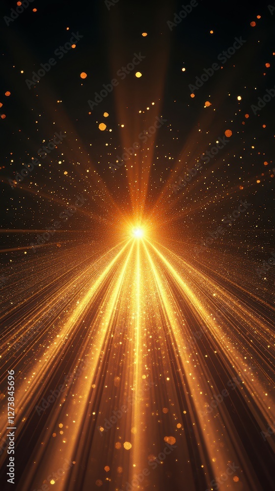 Poster bright golden rays radiating from a central light source in a darkened space, creating a sense of de