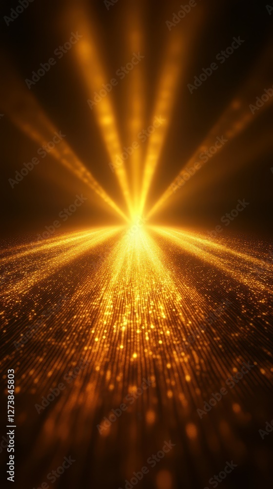 Poster light beams create a stunning display of golden particles in a cosmic-like atmosphere