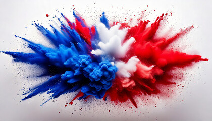 Labor day Red, White and Blue colored dust explosion background. Splash of American flag colors smoke dust on white background, Independence Day, Memorial Day patriotic abstract pattern