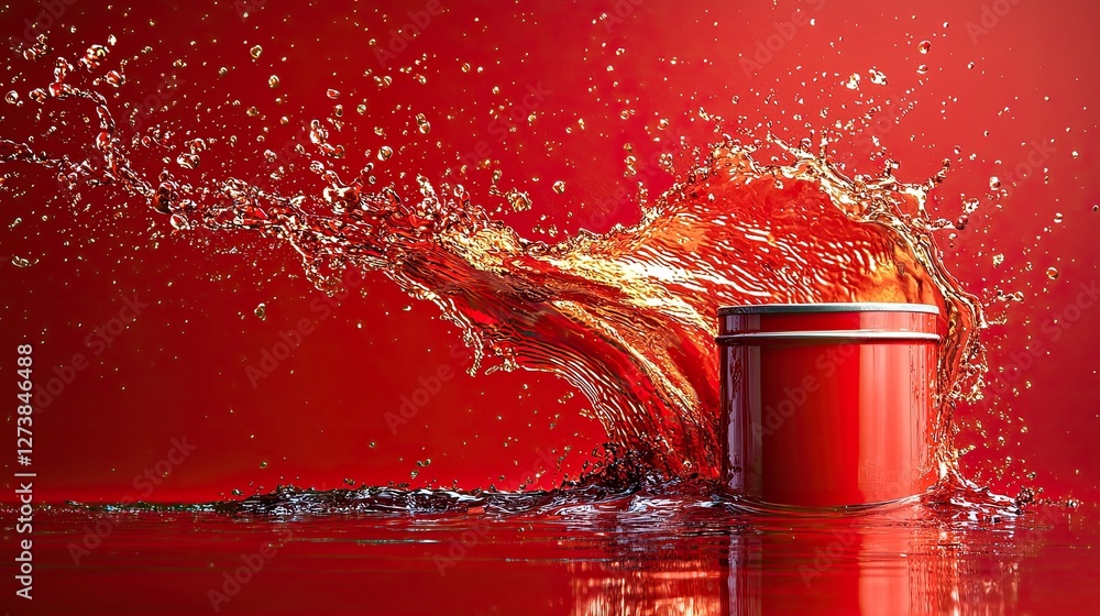 Poster red paint splashing from a metallic container