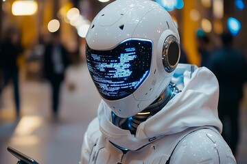 Fototapeta premium Futuristic robot in urban night setting