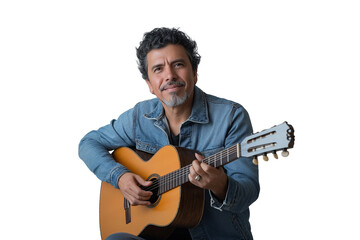  stylish Hispanic man in denim jacket holding guitar 
 smiling isolated on transparent white background