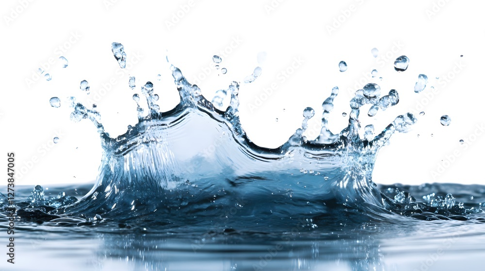 Poster dynamic water splash with droplets frozen in time creating a refreshing and clean sensation