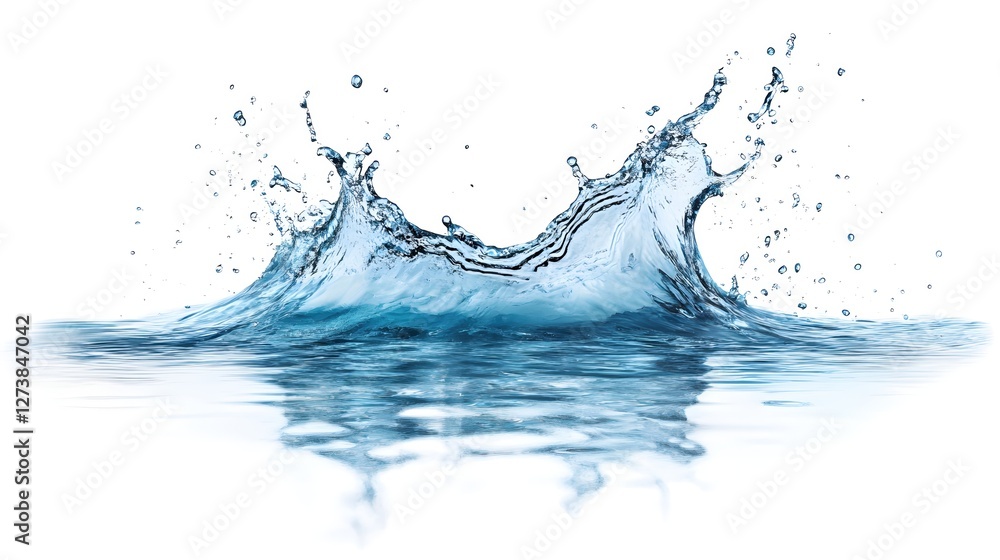 Poster captivating water splash with dynamic movement and reflection against a clean white background