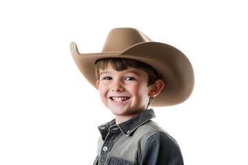 Fototapeta premium young Caucasian boy in cowboy hat smiling isolated on transparent white background