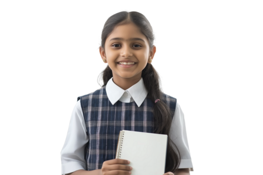 young Indian girl in school uniform holding notebook and smiling isolated on transparent white background