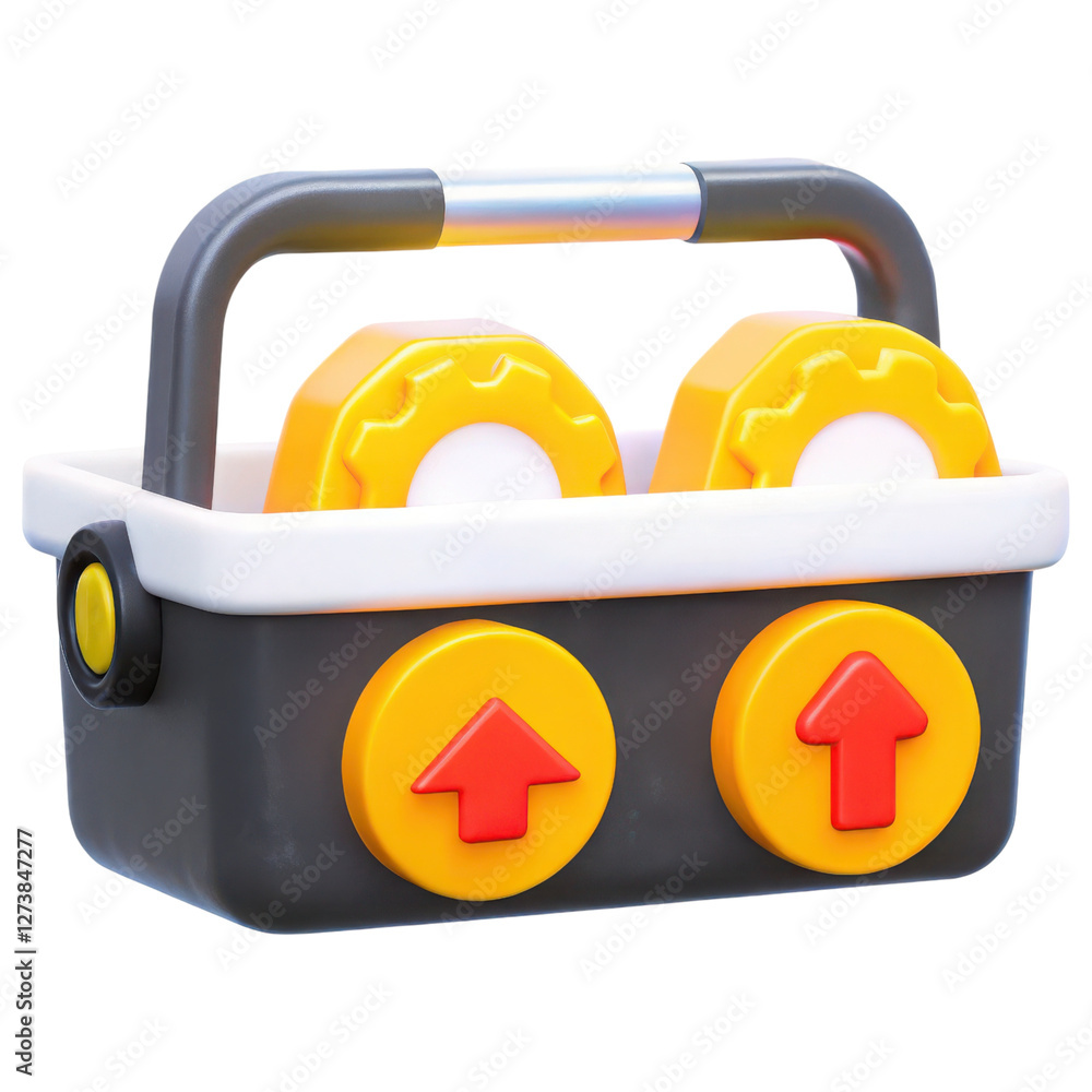 Poster toolbox storage concept. plastic toy toolbox with colorful gears and buttons.