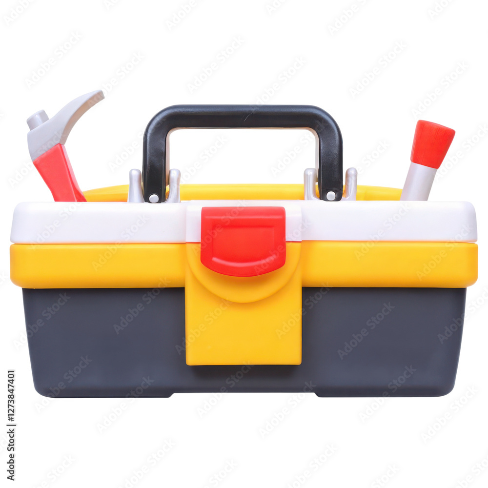 Poster toolbox storage concept. toolbox filled with various tools on a black background.