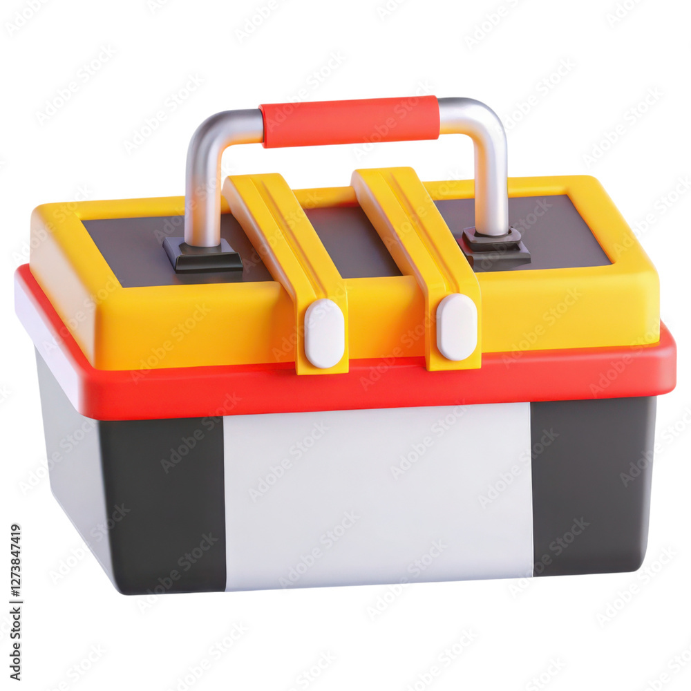 Poster toolbox storage concept. colorful toy toolbox with a handle and compartments for tools.