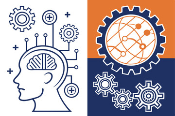  Technology icons, artificial intelligence symbols, machine learning graphics, blue and orange color scheme, minimalist design, circuit patterns, brain imagery, global network connections, gear mech