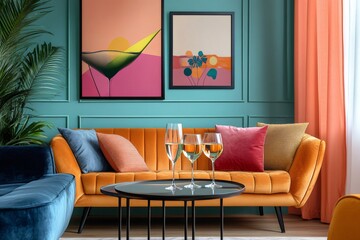 Stylish living room with orange sofa and turquoise wall featuring abstract art and wine glasses