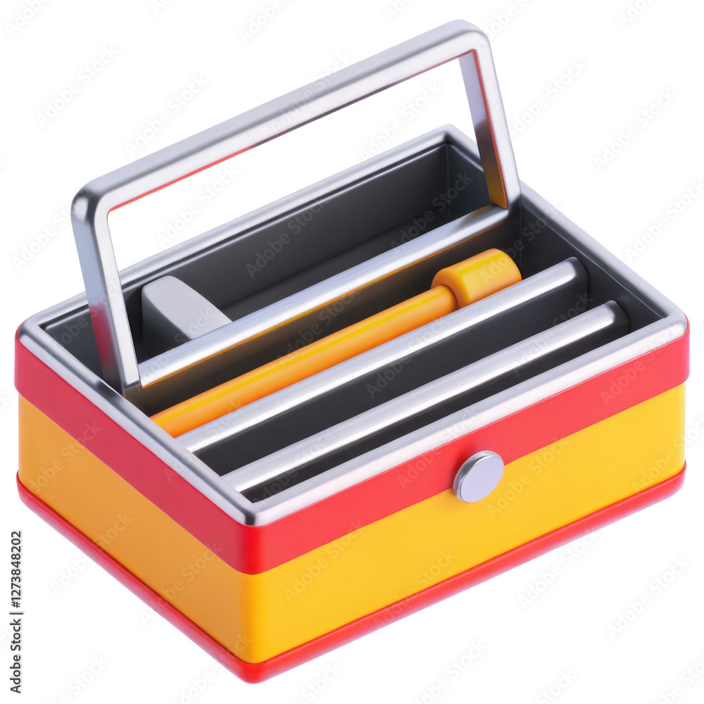 Poster toolbox storage concept. colorful tool box with a handle and various tools inside.