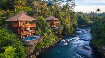 Obraz premium Serene wildwood scene with a flowing river surrounded by dense tropical jungle, perfect for spa, wellness, and eco-tourism concepts