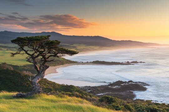 Sunrise coastal landscape with lone tree misty waves