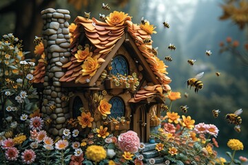 Fototapeta premium A serene landscape filled with cottages, bees, and natural hives