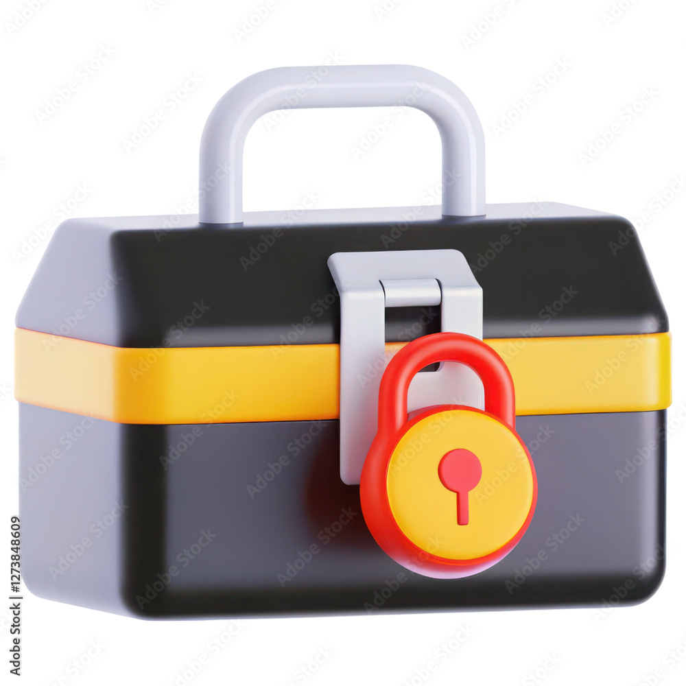 Poster toolbox storage concept. locked toolbox with a yellow stripe and red padlock.