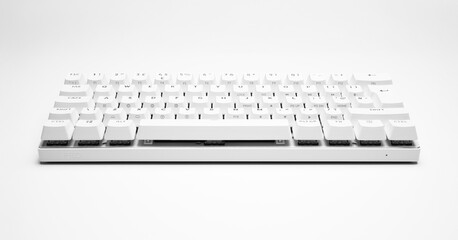 White, wireless gaming mechanical pc 60 percent keyboard closeup. Minimal, modern design on white background. Front view.