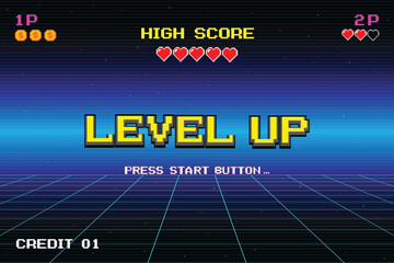 LEVEL UP. press start button. Retro Futurism Sci-Fi Background. glowing neon grid. and stars from vintage arcade computer games