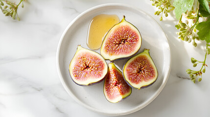 Fresh figs are displayed on a plate next to a drizzle of honey, creating a sweet and delectable scene.