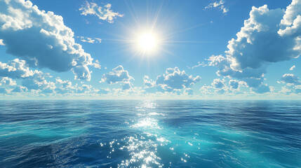 Radiant sunshine over calm ocean waters and fluffy clouds paints a serene seascape